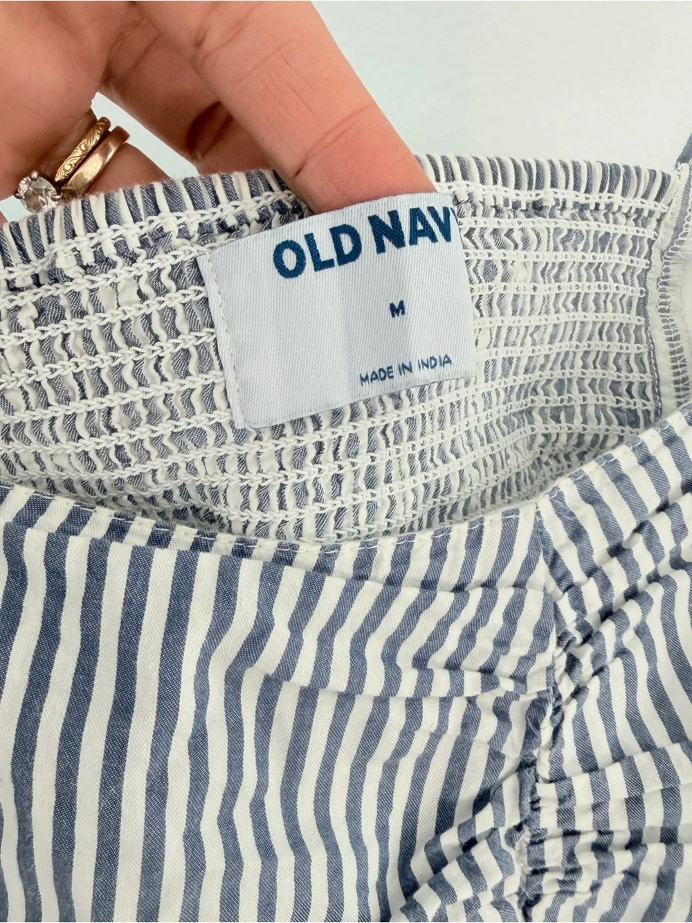 Old Navy Navy & White Striped Puff-Sleeve Square Neck Top Medium